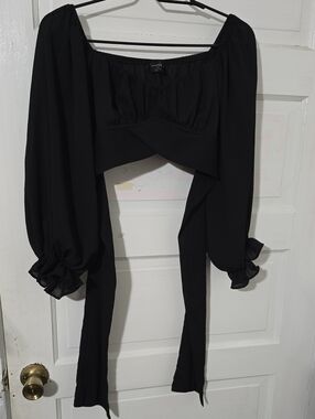 White Fox Boutique Black Wrap Crop Top with Balloon Sleeves
